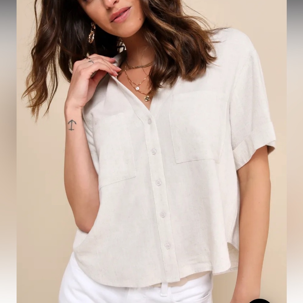 Lulus Women's Beige Button-Up Top - Picture 1 of 3